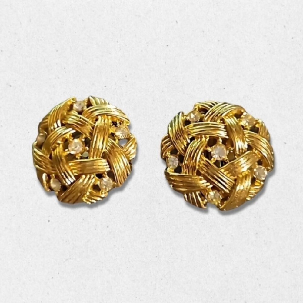 Vintage Crown Trifari Basket Weave Earrings Rhinestone Accents Clip-On Gold OS